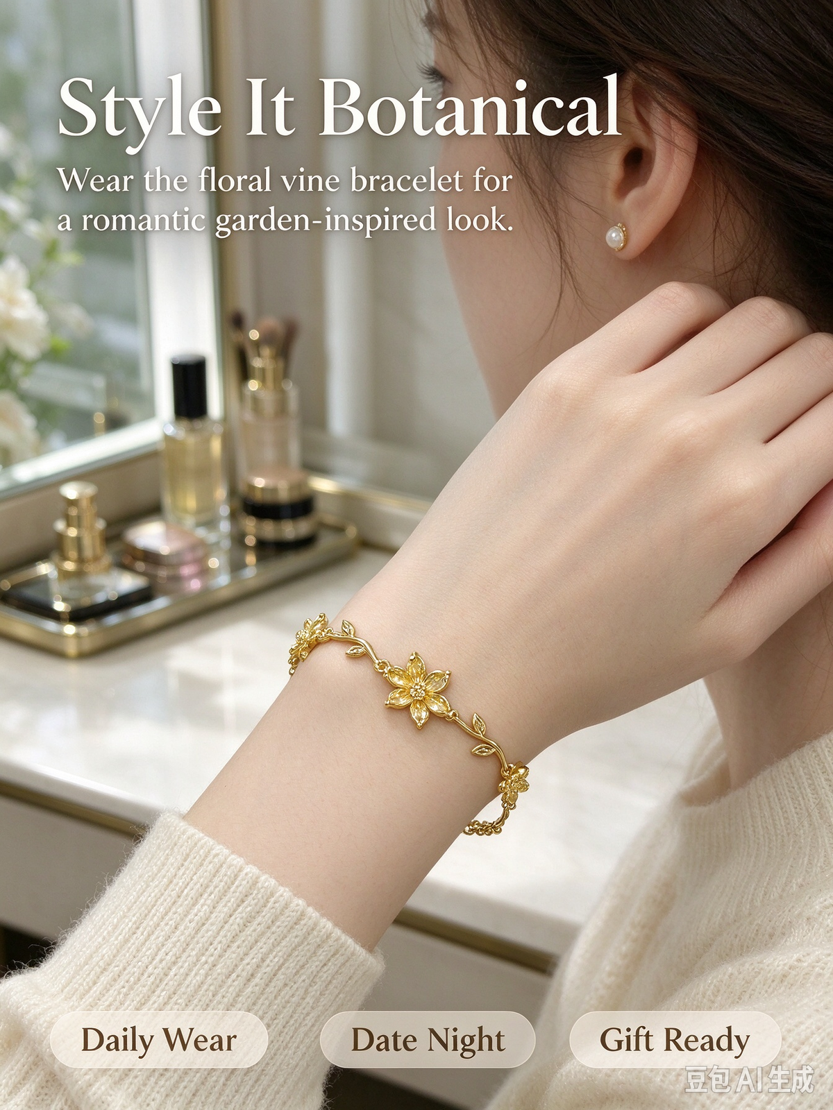 Gold Twig Flower CZ Bracelet, Nature Inspired Floral Branch Bangle for Women