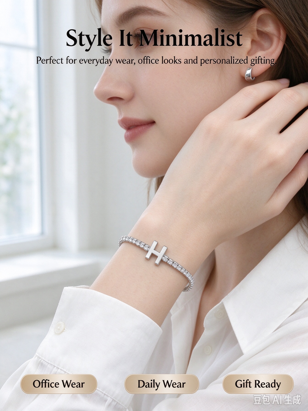 Silver Tennis Chain Initial H Bracelet, Dainty Letter H Crystal Bracelet