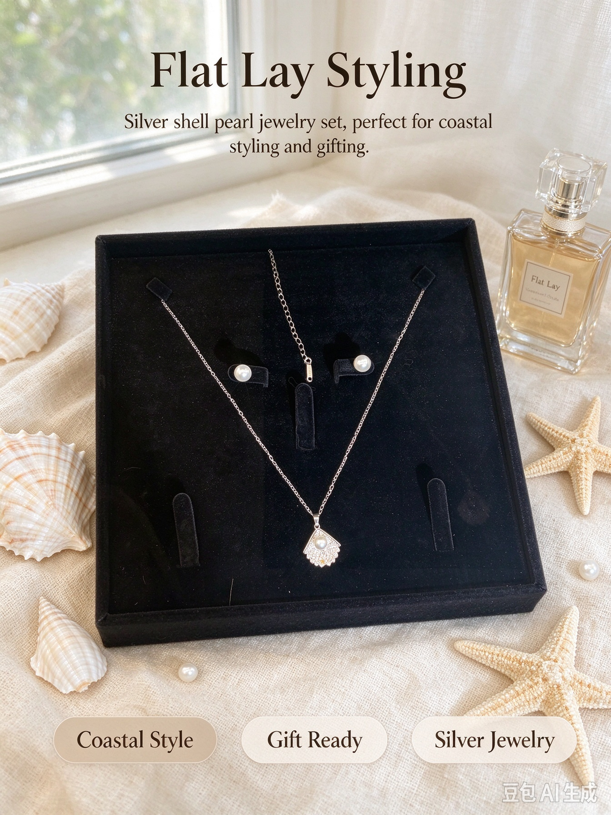 Shell Shaped Pendant Necklace & White Pearl Stud Earring Set, Silver Plated Beach Jewelry Gift Set for Women