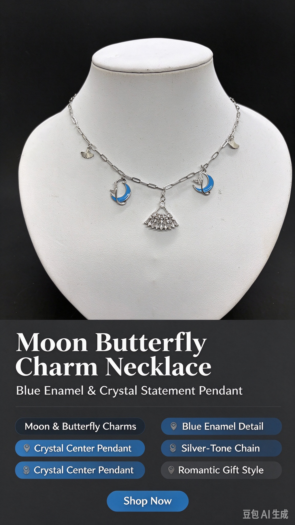 Blue Moon Fan Charm Silver Necklace, Cute Crescent Moon Pendant Necklace for Women, Boho Jewelry