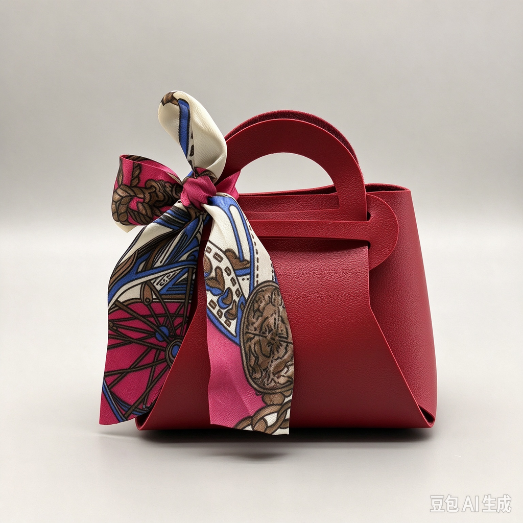 Dark Red Mini Faux Leather Tote Pouch, Small Gift Bag with Printed Silk Scarf Bow for Wedding Favors, Bridal Shower, Party Candy & Guest Gifts