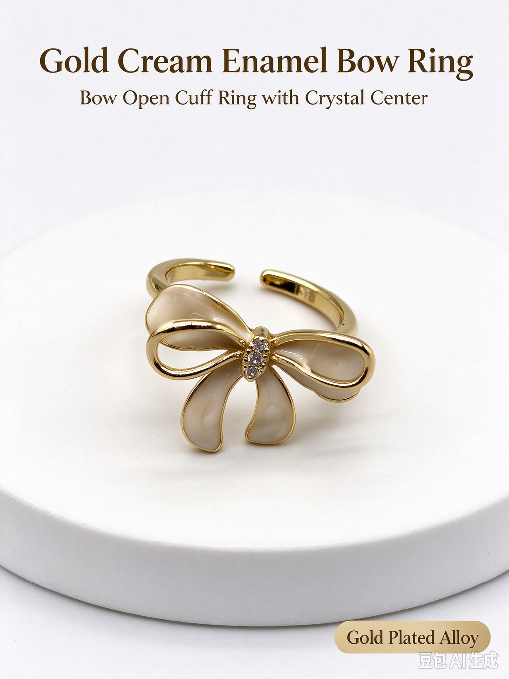 Cream Enamel Bowknot Open Ring with Crystal, Adjustable Dainty Sweet Bow Statement Ring for Women