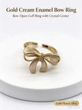 Cream Enamel Bowknot Open Ring with Crystal, Adjustable Dainty Sweet Bow Statement Ring for Women
