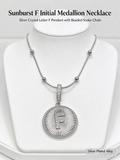 Sunburst F Initial Medallion Necklace, Silver Rhinestone Letter Pendant Snake Chain Necklace