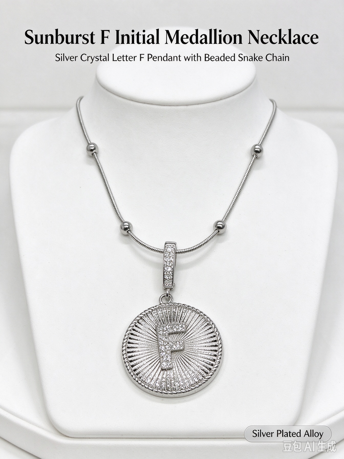 Sunburst F Initial Medallion Necklace, Silver Rhinestone Letter Pendant Snake Chain Necklace