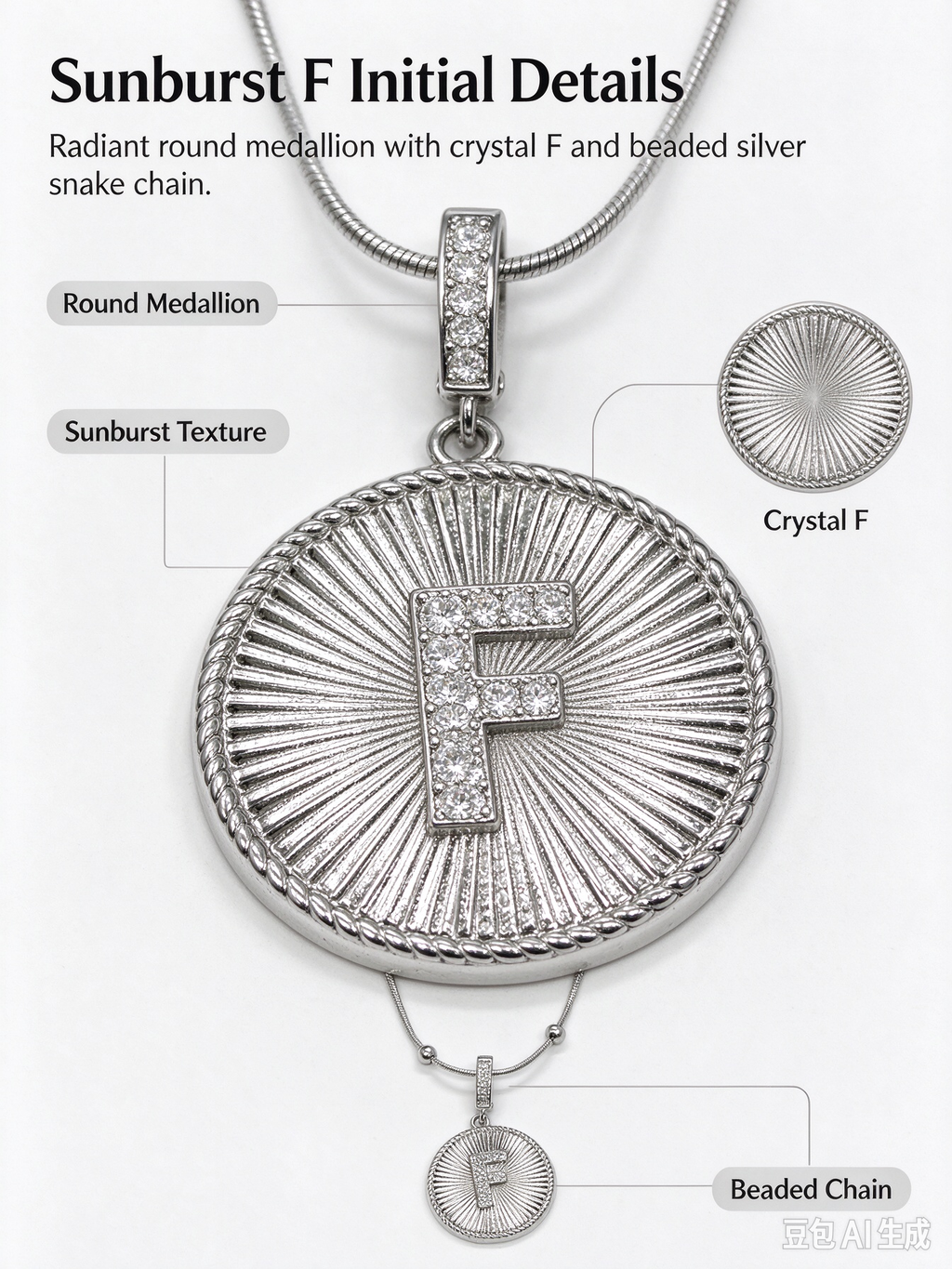 Sunburst F Initial Medallion Necklace, Silver Rhinestone Letter Pendant Snake Chain Necklace