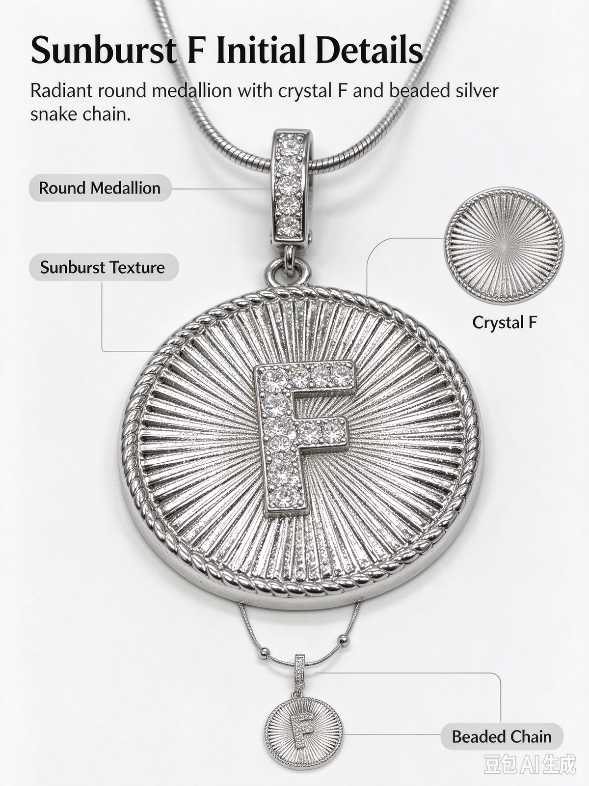 Sunburst F Initial Medallion Necklace, Silver Rhinestone Letter Pendant Snake Chain Necklace