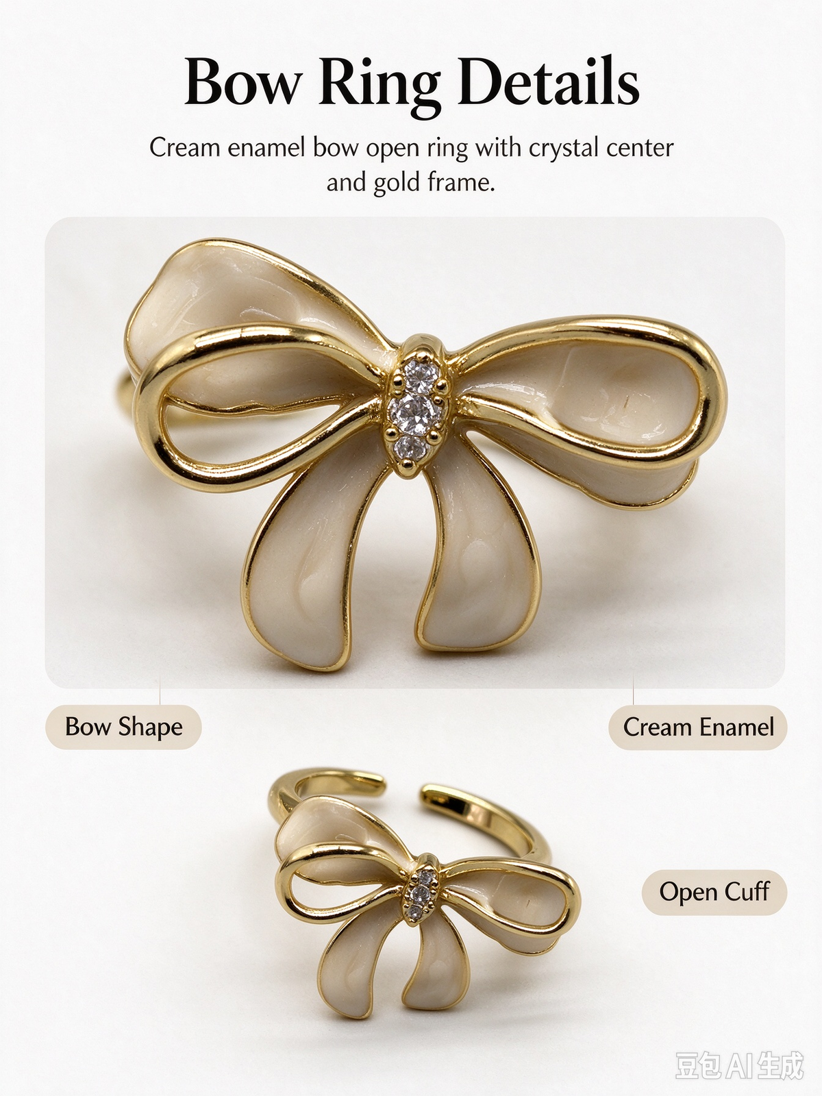 Cream Enamel Bowknot Open Ring with Crystal, Adjustable Dainty Sweet Bow Statement Ring for Women