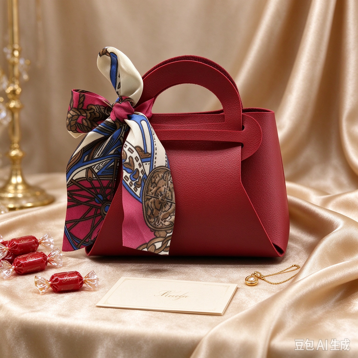 Dark Red Mini Faux Leather Tote Pouch, Small Gift Bag with Printed Silk Scarf Bow for Wedding Favors, Bridal Shower, Party Candy & Guest Gifts