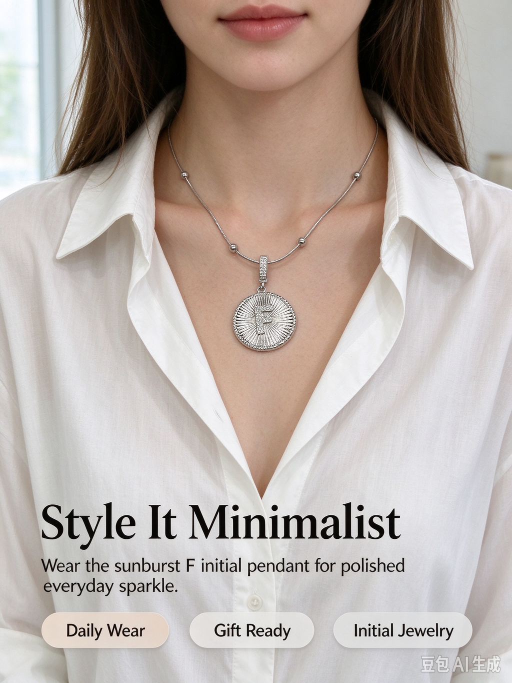 Sunburst F Initial Medallion Necklace, Silver Rhinestone Letter Pendant Snake Chain Necklace