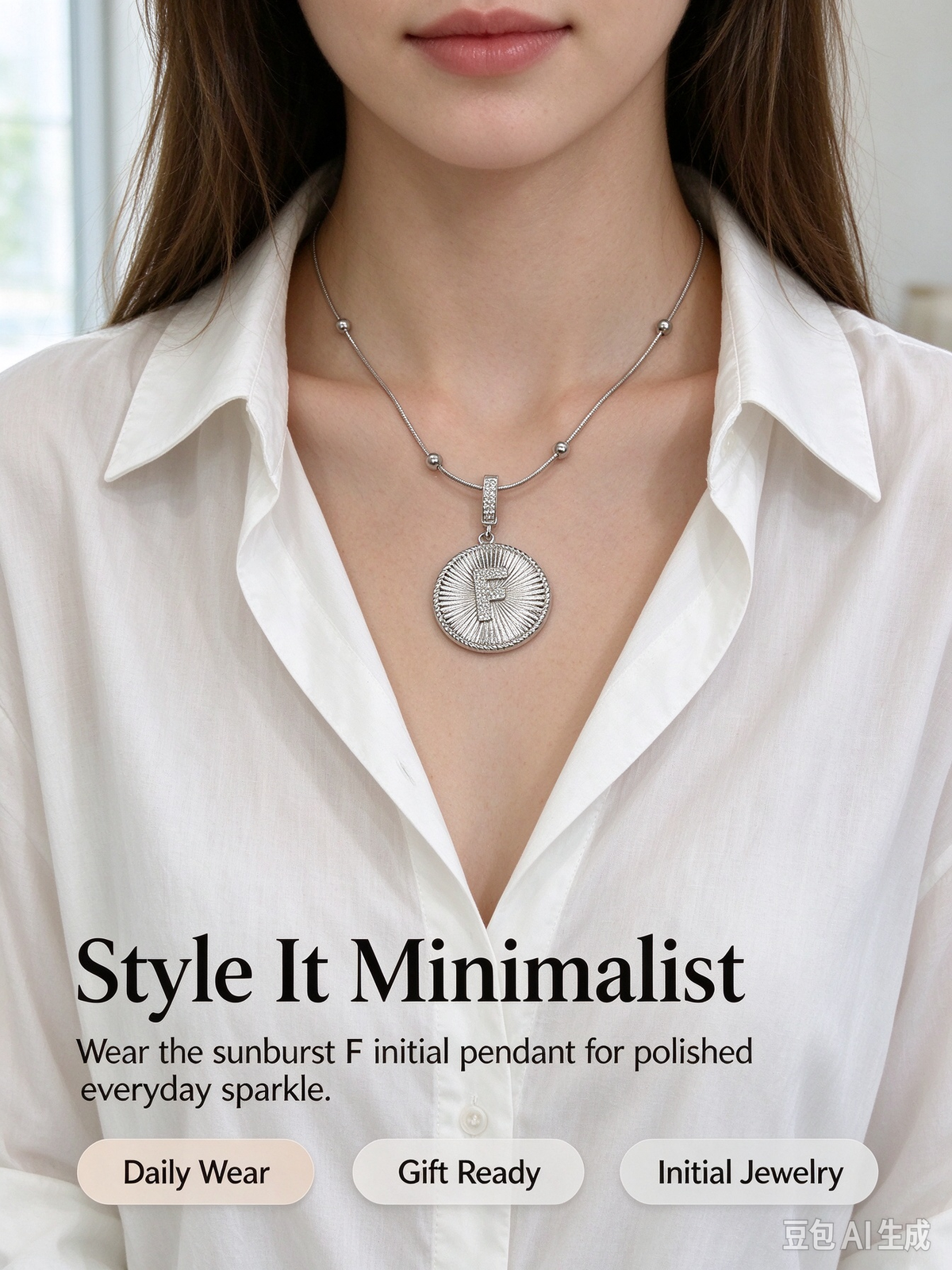Sunburst F Initial Medallion Necklace, Silver Rhinestone Letter Pendant Snake Chain Necklace