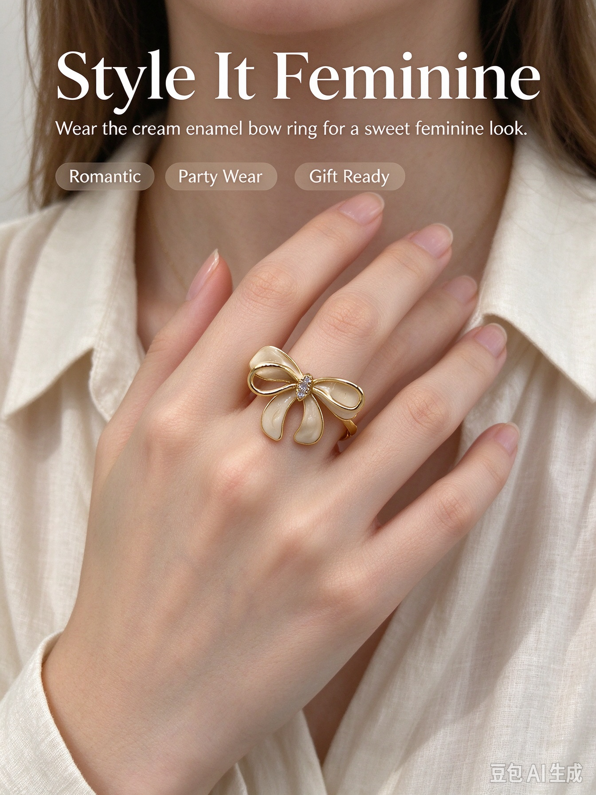 Cream Enamel Bowknot Open Ring with Crystal, Adjustable Dainty Sweet Bow Statement Ring for Women