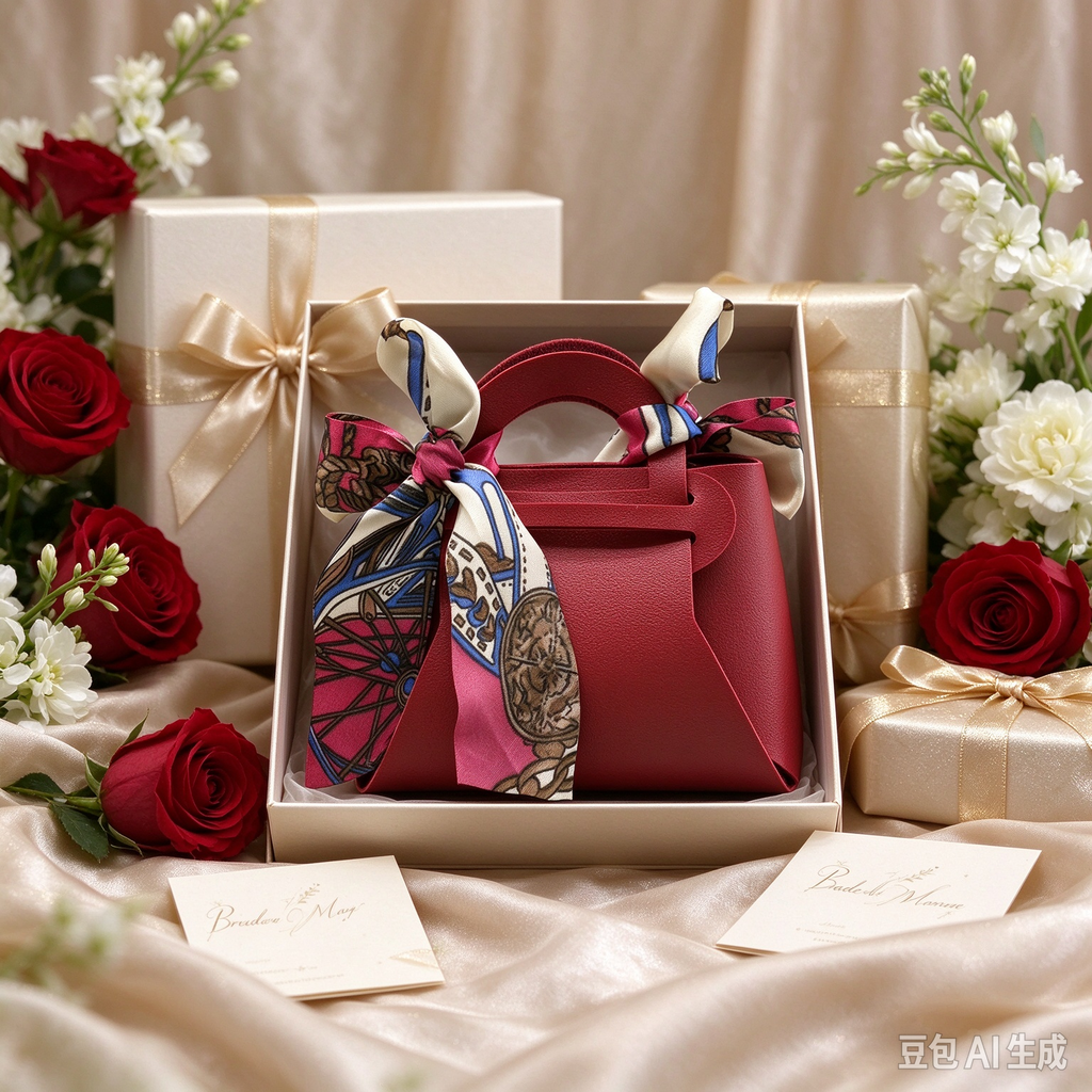 Dark Red Mini Faux Leather Tote Pouch, Small Gift Bag with Printed Silk Scarf Bow for Wedding Favors, Bridal Shower, Party Candy & Guest Gifts