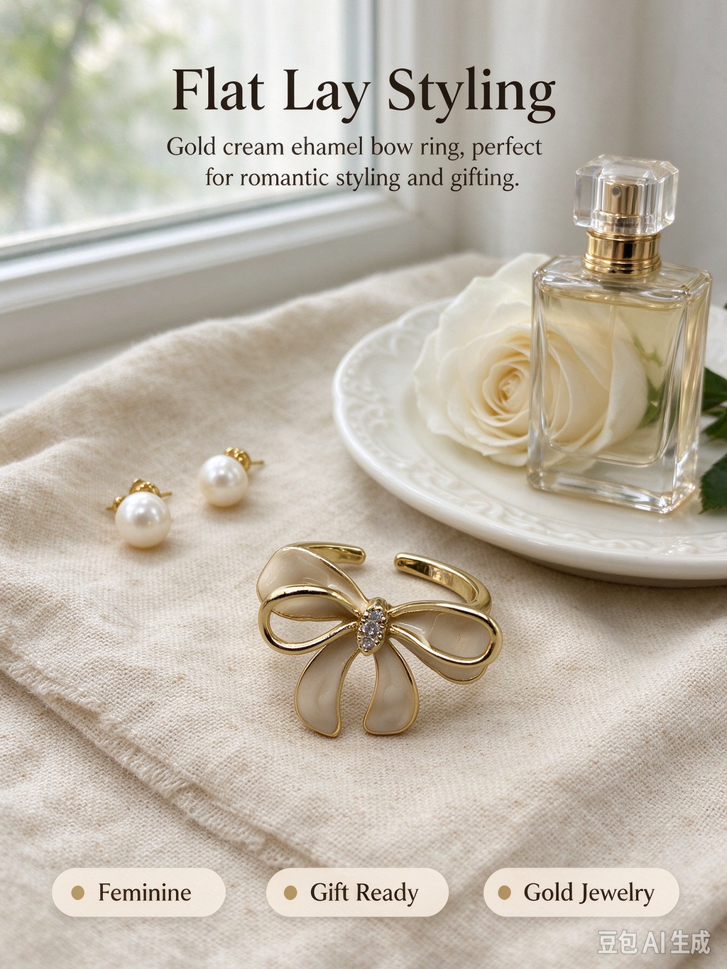 Cream Enamel Bowknot Open Ring with Crystal, Adjustable Dainty Sweet Bow Statement Ring for Women