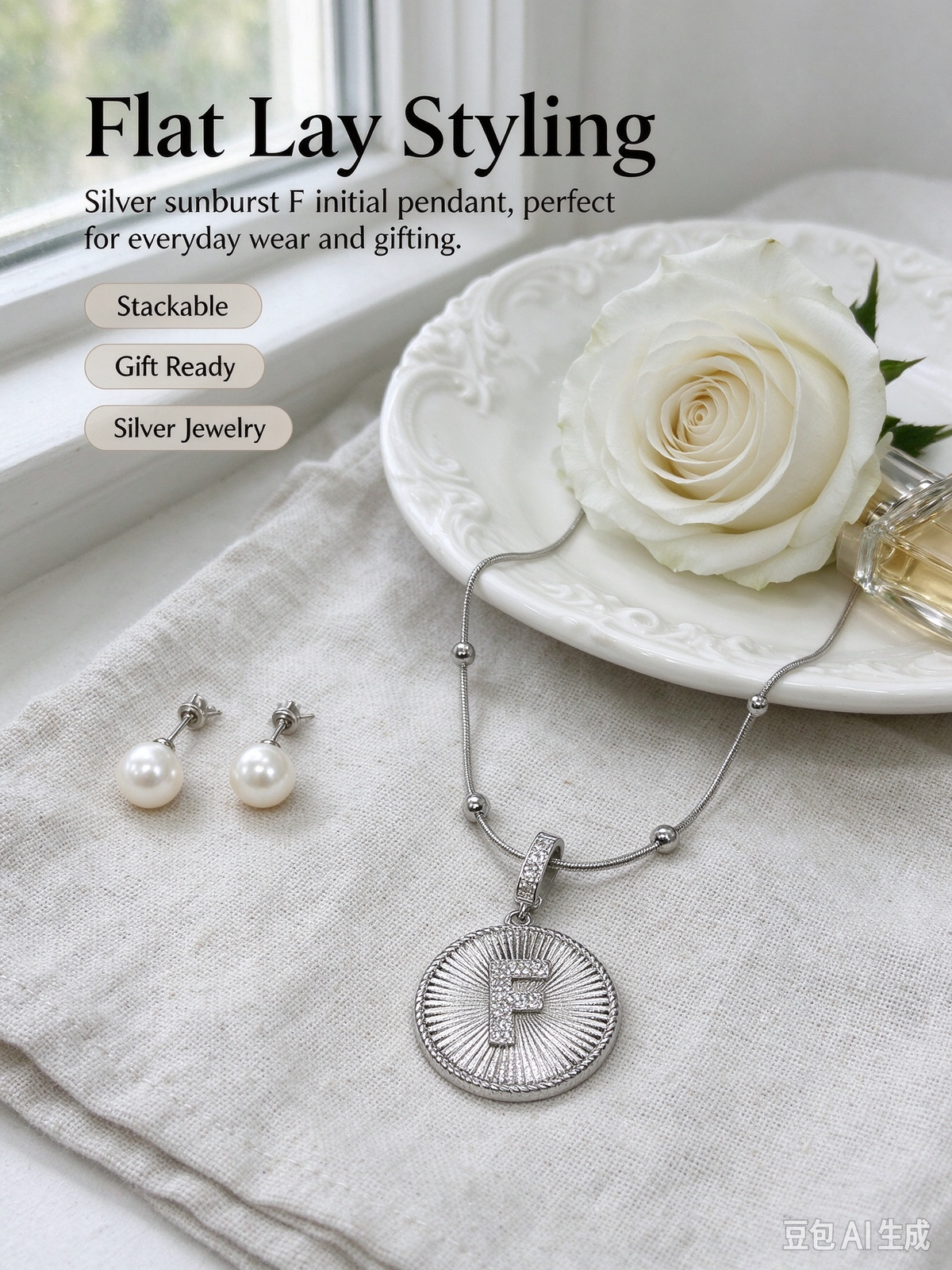 Sunburst F Initial Medallion Necklace, Silver Rhinestone Letter Pendant Snake Chain Necklace