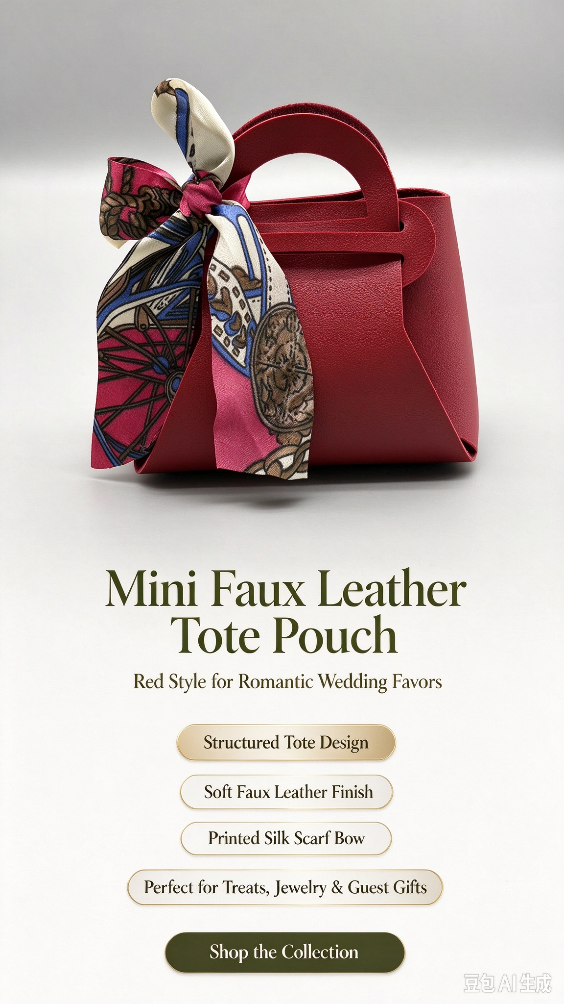 Dark Red Mini Faux Leather Tote Pouch, Small Gift Bag with Printed Silk Scarf Bow for Wedding Favors, Bridal Shower, Party Candy & Guest Gifts
