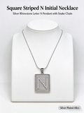 Square Striped N Initial Necklace, Silver Rhinestone Letter Pendant Snake Chain Necklace