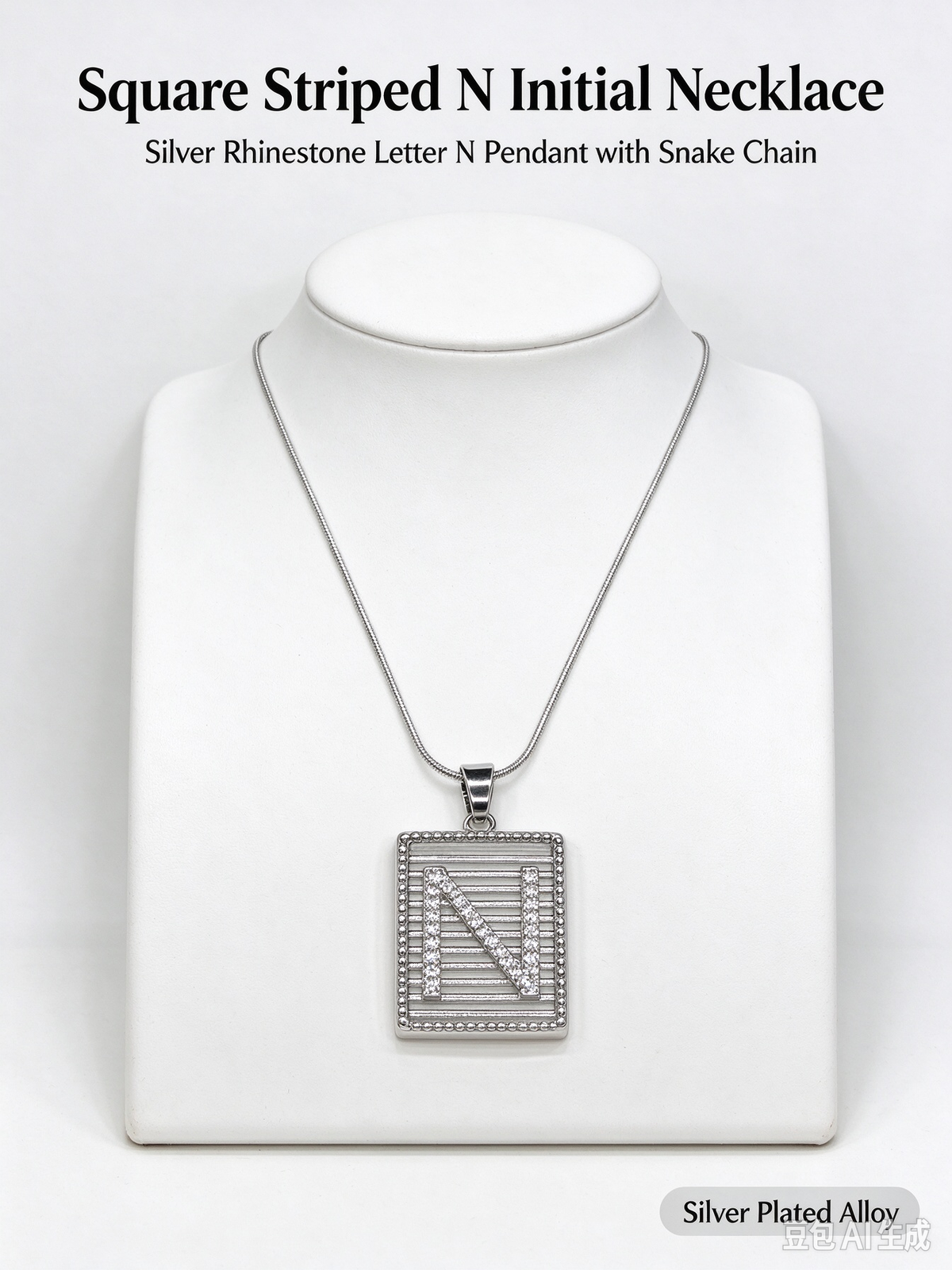 Square Striped N Initial Necklace, Silver Rhinestone Letter Pendant Snake Chain Necklace