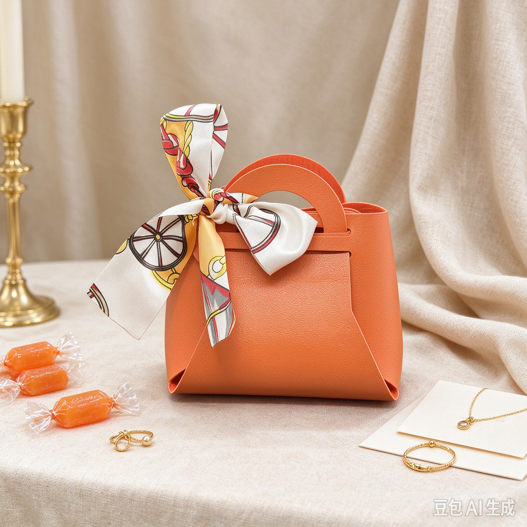 Orange Mini Faux Leather Tote Pouch, Small Gift Bag with Printed Silk Scarf Bow for Wedding Favors, Bridal Shower, Party Candy & Guest Gifts