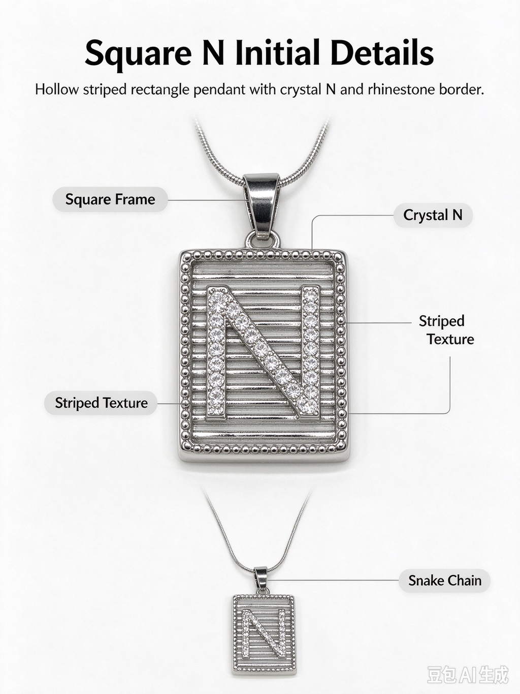 Square Striped N Initial Necklace, Silver Rhinestone Letter Pendant Snake Chain Necklace