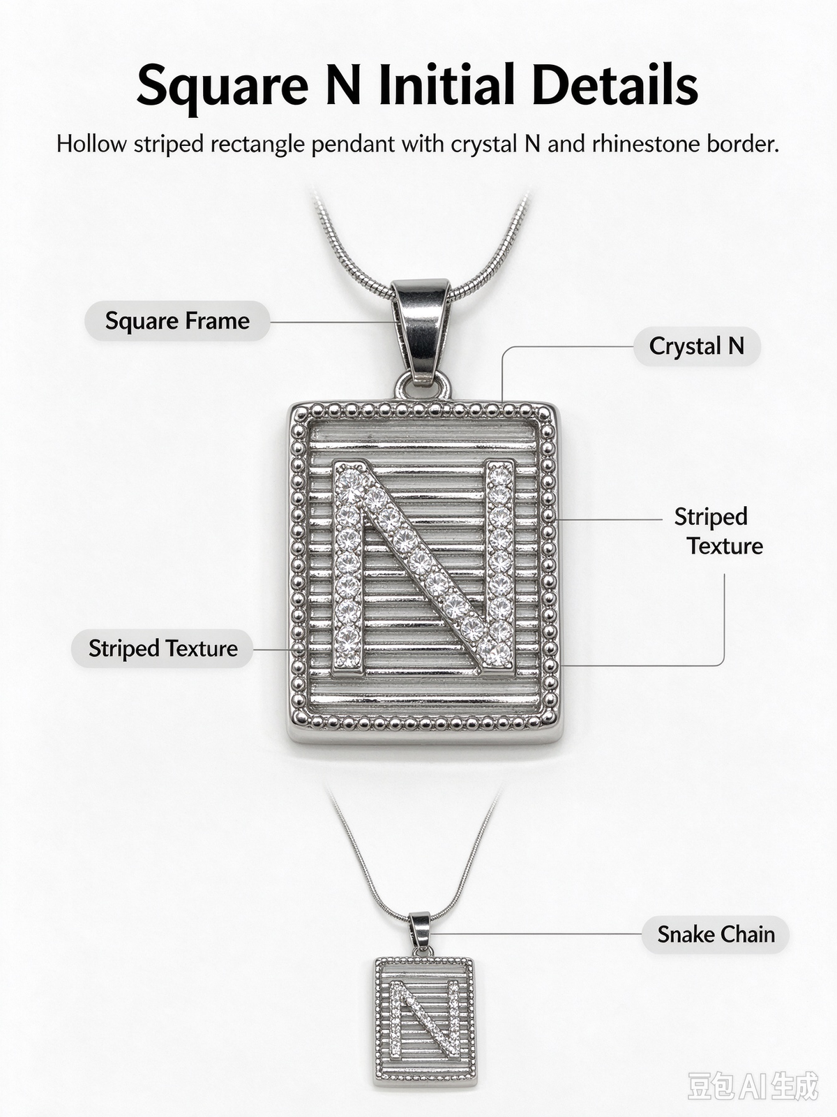 Square Striped N Initial Necklace, Silver Rhinestone Letter Pendant Snake Chain Necklace