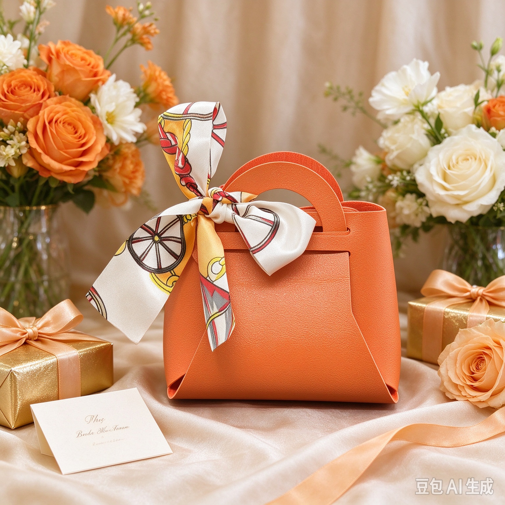 Orange Mini Faux Leather Tote Pouch, Small Gift Bag with Printed Silk Scarf Bow for Wedding Favors, Bridal Shower, Party Candy & Guest Gifts