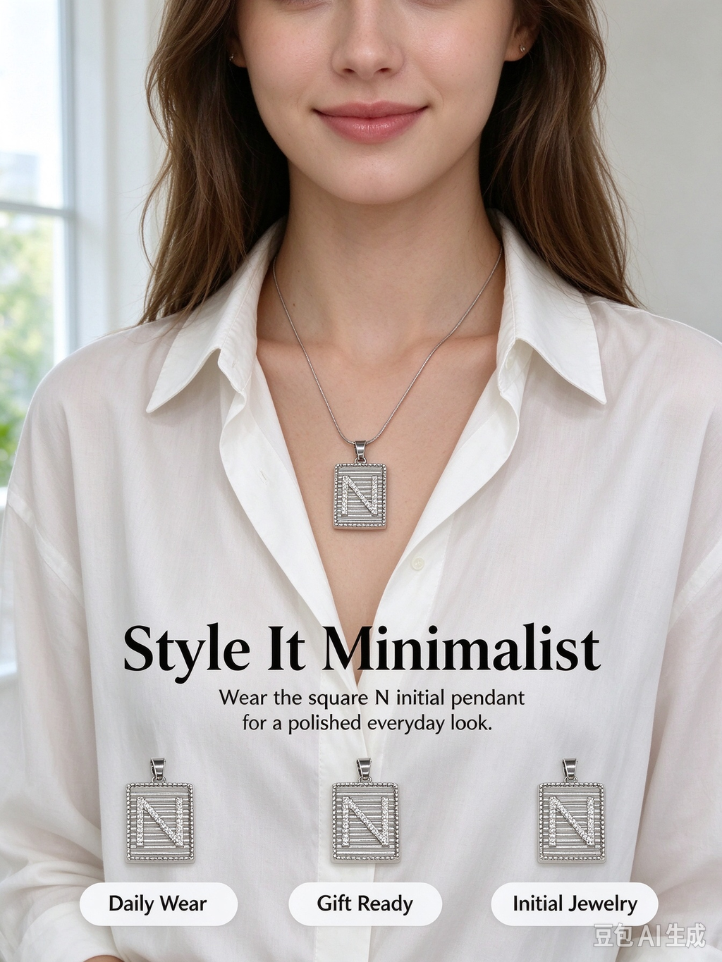 Square Striped N Initial Necklace, Silver Rhinestone Letter Pendant Snake Chain Necklace