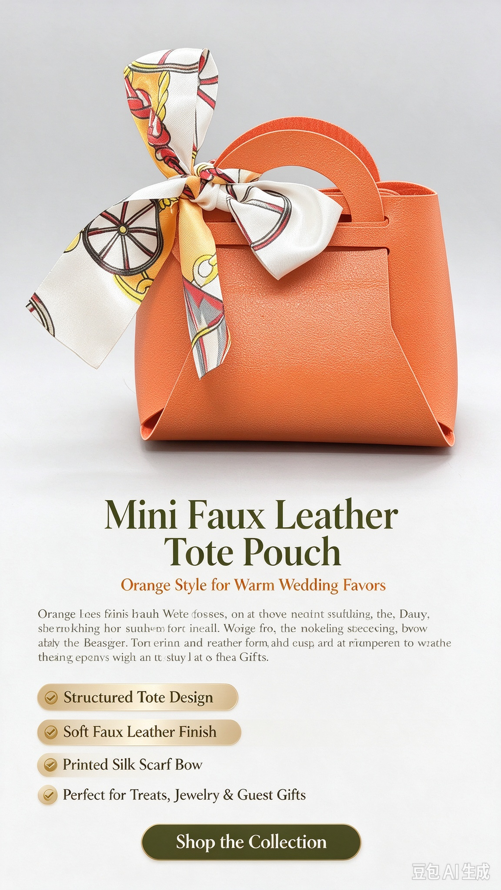 Orange Mini Faux Leather Tote Pouch, Small Gift Bag with Printed Silk Scarf Bow for Wedding Favors, Bridal Shower, Party Candy & Guest Gifts