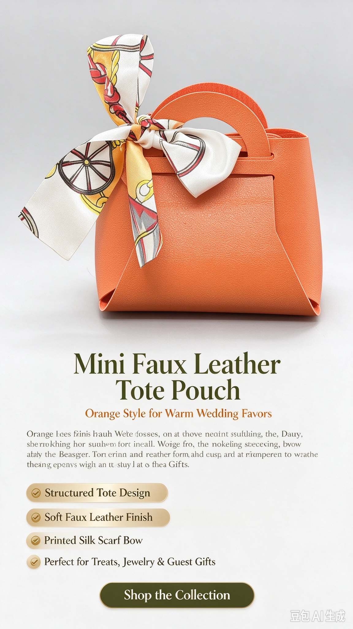 Orange Mini Faux Leather Tote Pouch, Small Gift Bag with Printed Silk Scarf Bow for Wedding Favors, Bridal Shower, Party Candy & Guest Gifts