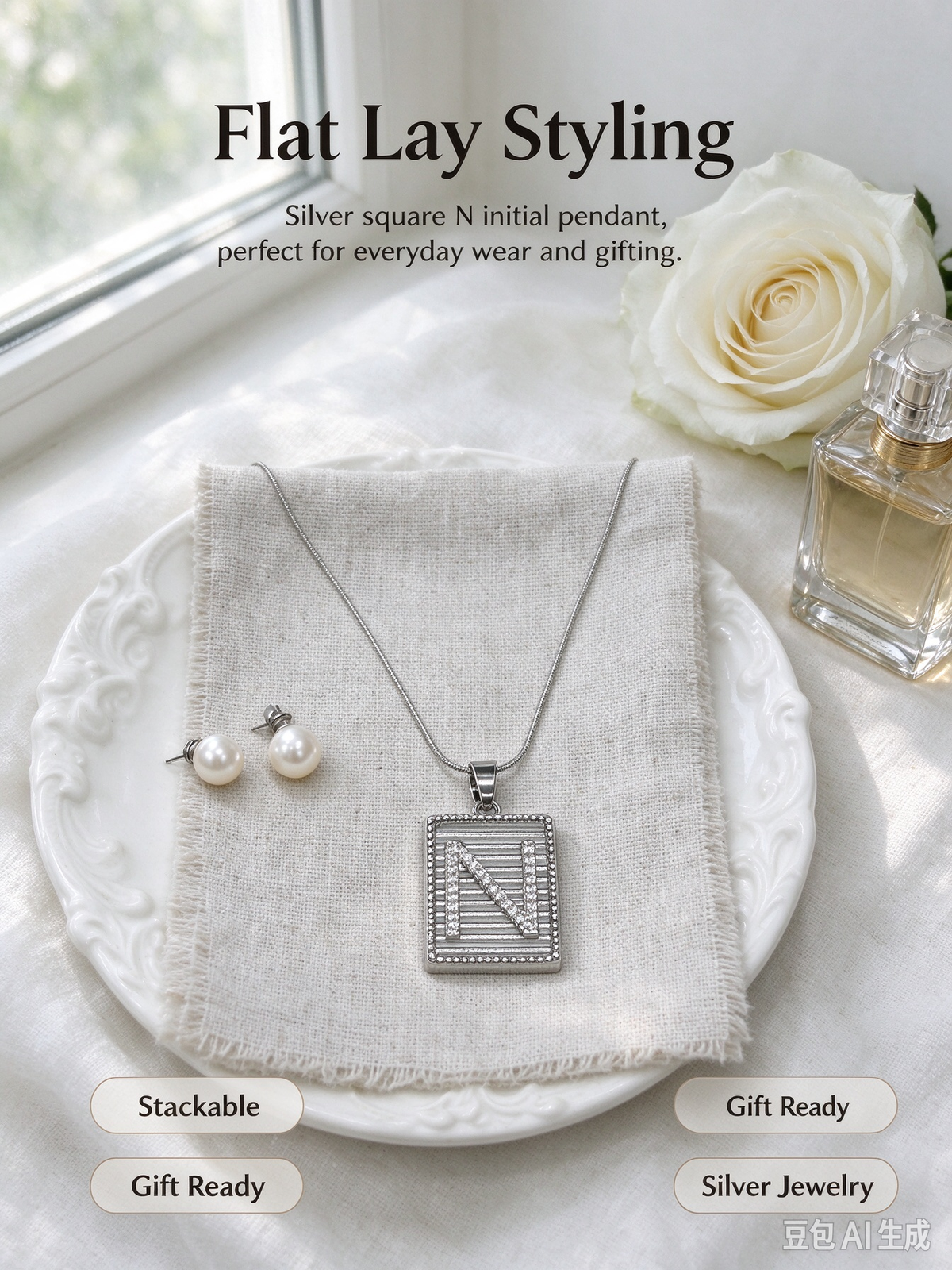 Square Striped N Initial Necklace, Silver Rhinestone Letter Pendant Snake Chain Necklace