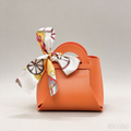 Orange Mini Faux Leather Tote Pouch, Small Gift Bag with Printed Silk Scarf Bow for Wedding Favors, Bridal Shower, Party Candy & Guest Gifts