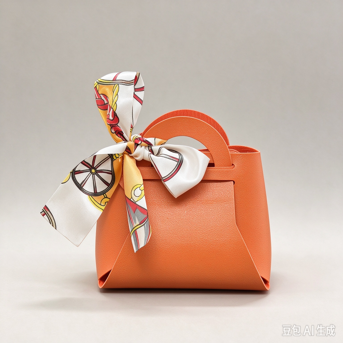 Orange Mini Faux Leather Tote Pouch, Small Gift Bag with Printed Silk Scarf Bow for Wedding Favors, Bridal Shower, Party Candy & Guest Gifts
