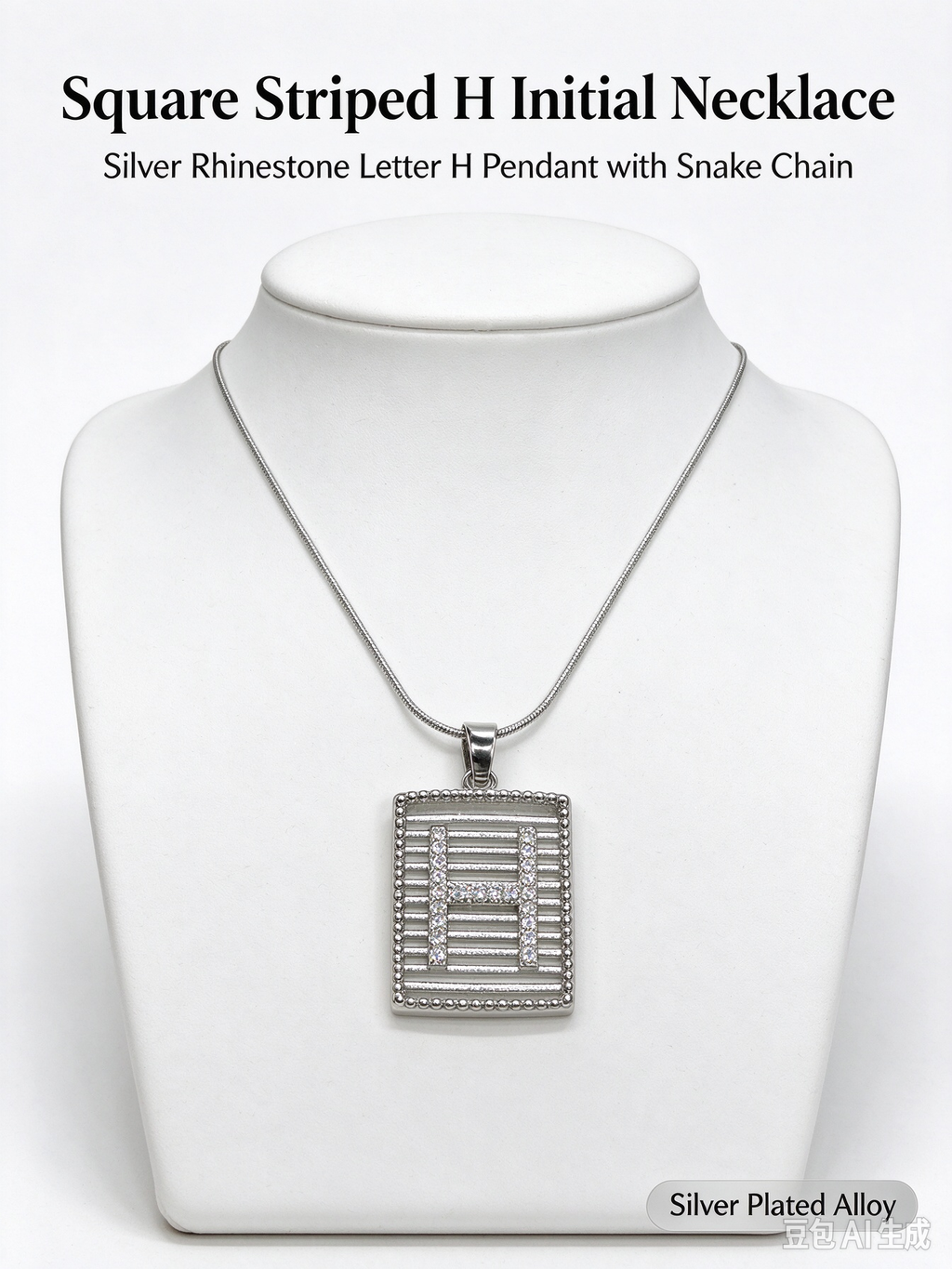 Square Striped H Initial Necklace, Silver Rhinestone Letter Pendant Snake Chain Necklace