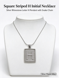 Square Striped H Initial Necklace, Silver Rhinestone Letter Pendant Snake Chain Necklace