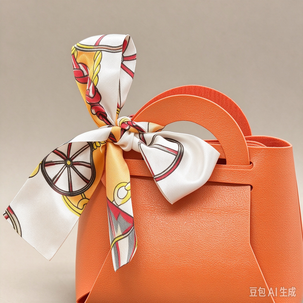 Orange Mini Faux Leather Tote Pouch, Small Gift Bag with Printed Silk Scarf Bow for Wedding Favors, Bridal Shower, Party Candy & Guest Gifts