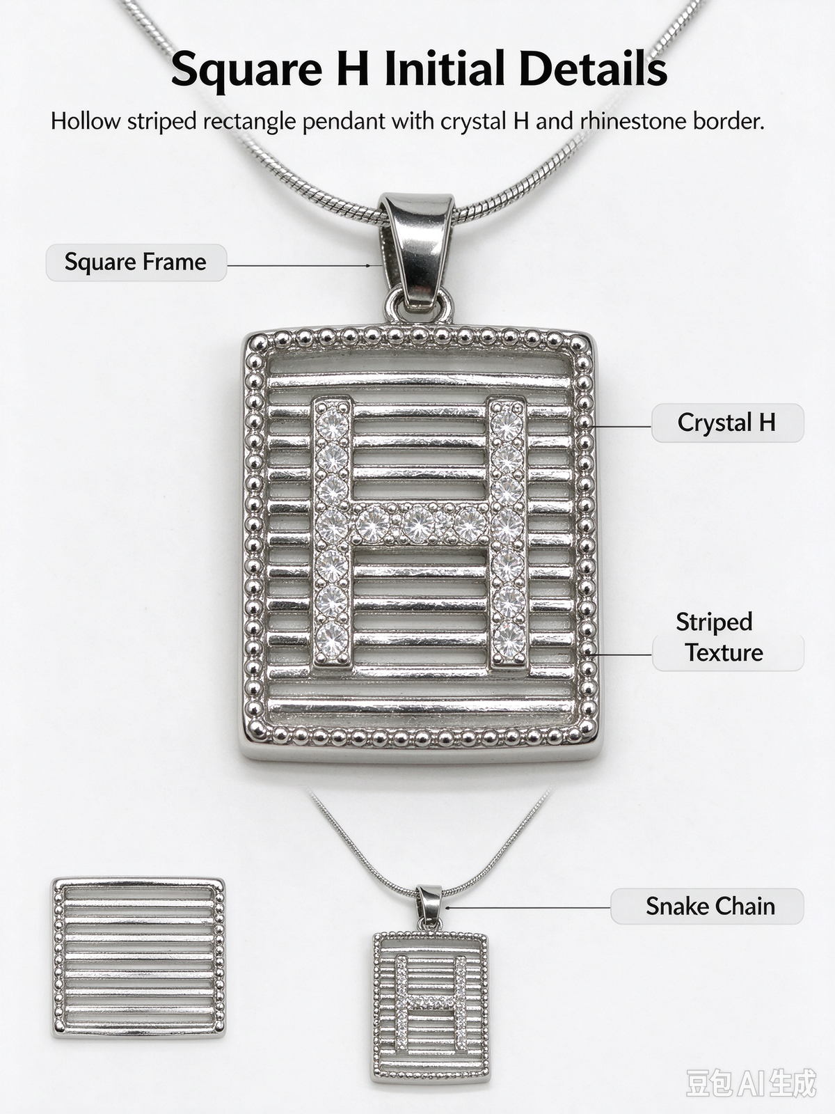 Square Striped H Initial Necklace, Silver Rhinestone Letter Pendant Snake Chain Necklace