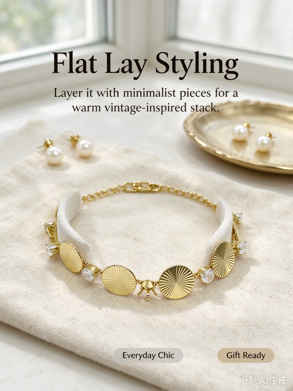 Gold Sunburst Disc Crystal Bracelet, Statement Golden Disc Bracelet with Clear CZ