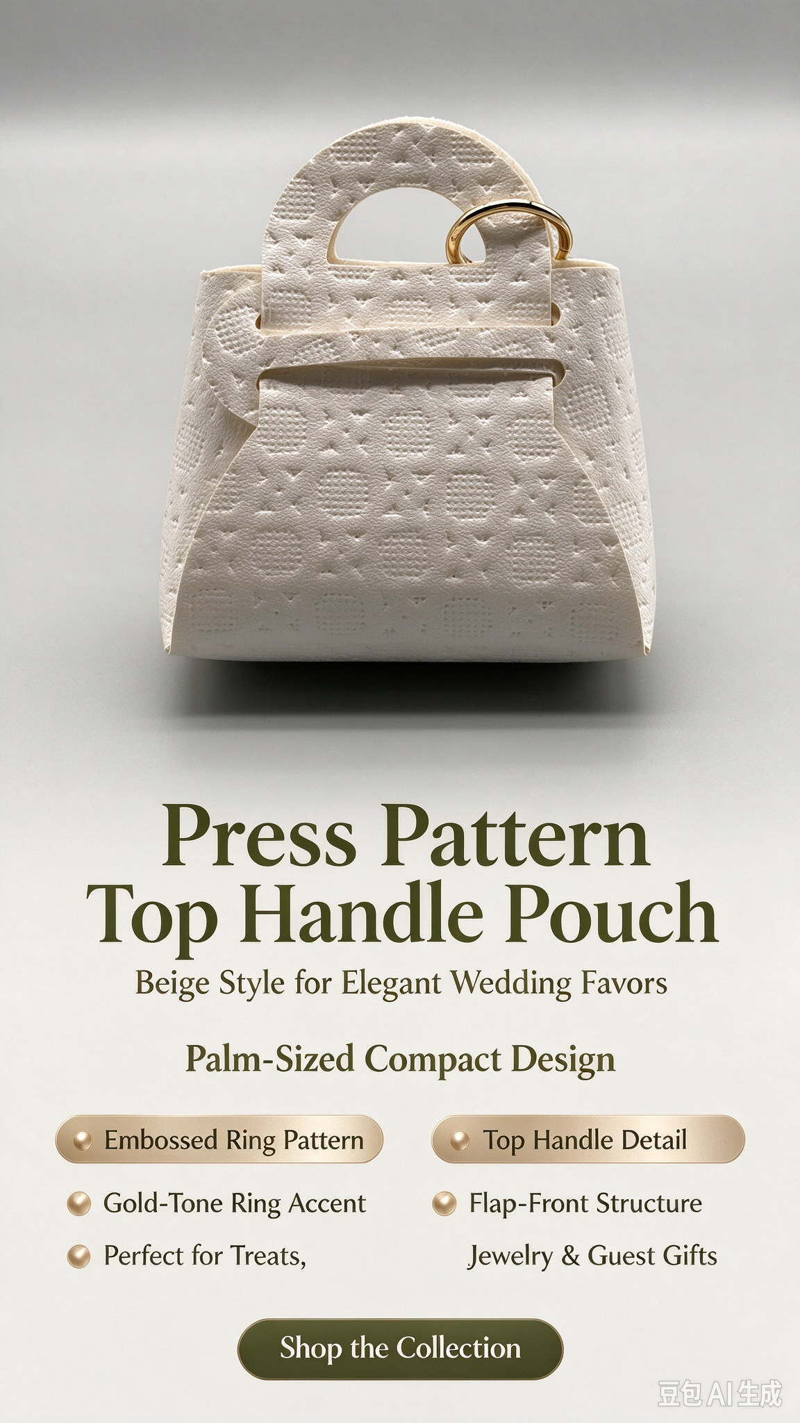 Beige Press Pattern Top Handle Pouch, Elegant Mini Gift Bag with Gold-Tone Ring for Wedding Favors, Bridal Shower, Party Candy & Guest Gifts