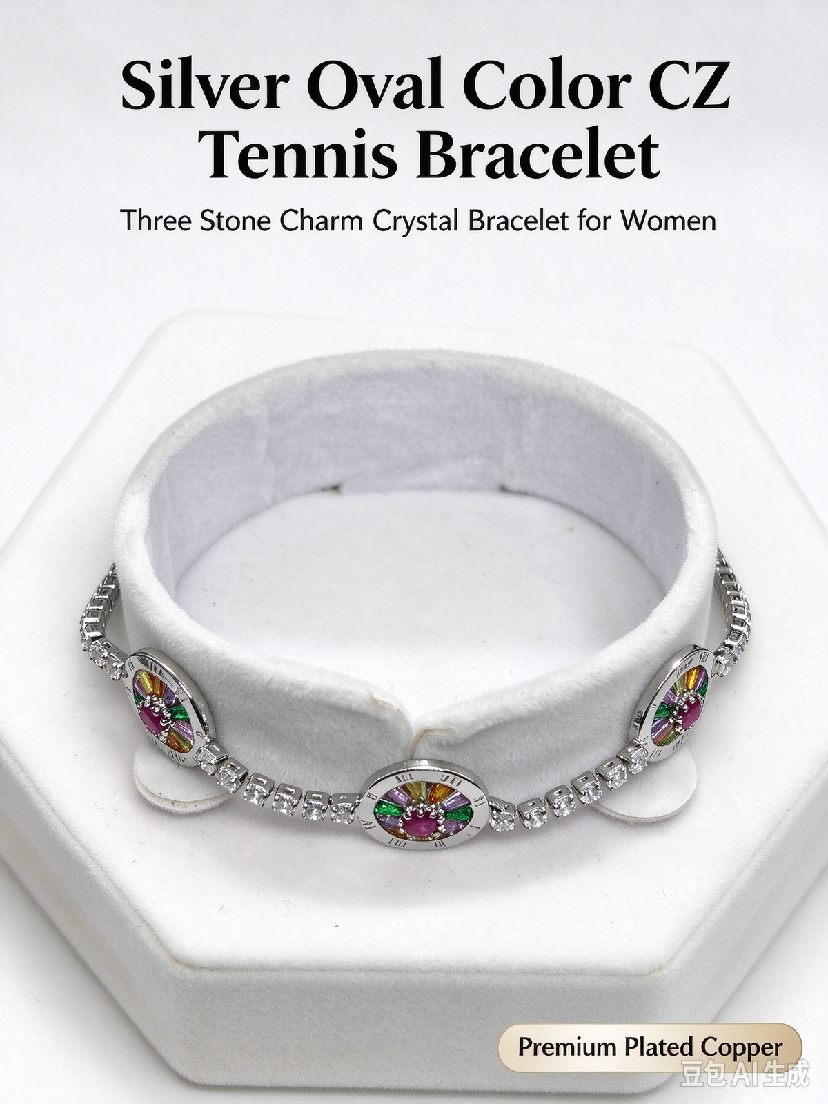 Silver Oval Color CZ Tennis Bracelet, Three Stone Charm Crystal Bracelet for Women