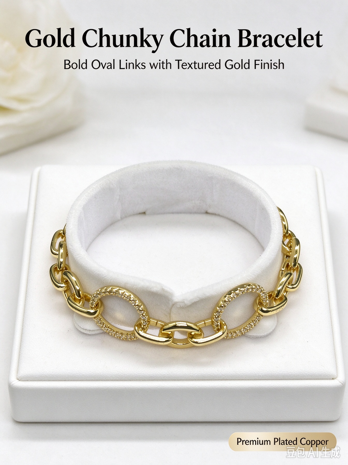 Gold Chunky Chain Bracelet, Cubic Zirconia Oval Link Statement Bracelet for Women