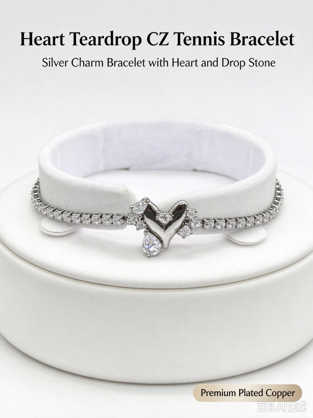 Heart Teardrop Drop Tennis Bracelet, Dainty Cubic Zirconia Charm Bracelet