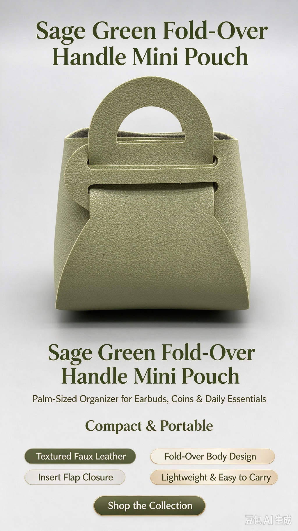 Light Green Mini Faux Leather Fold-Over Mini Pouch, Small Gift Bag for Wedding Favors, Bridal Shower, Party Candy & Guest Gifts