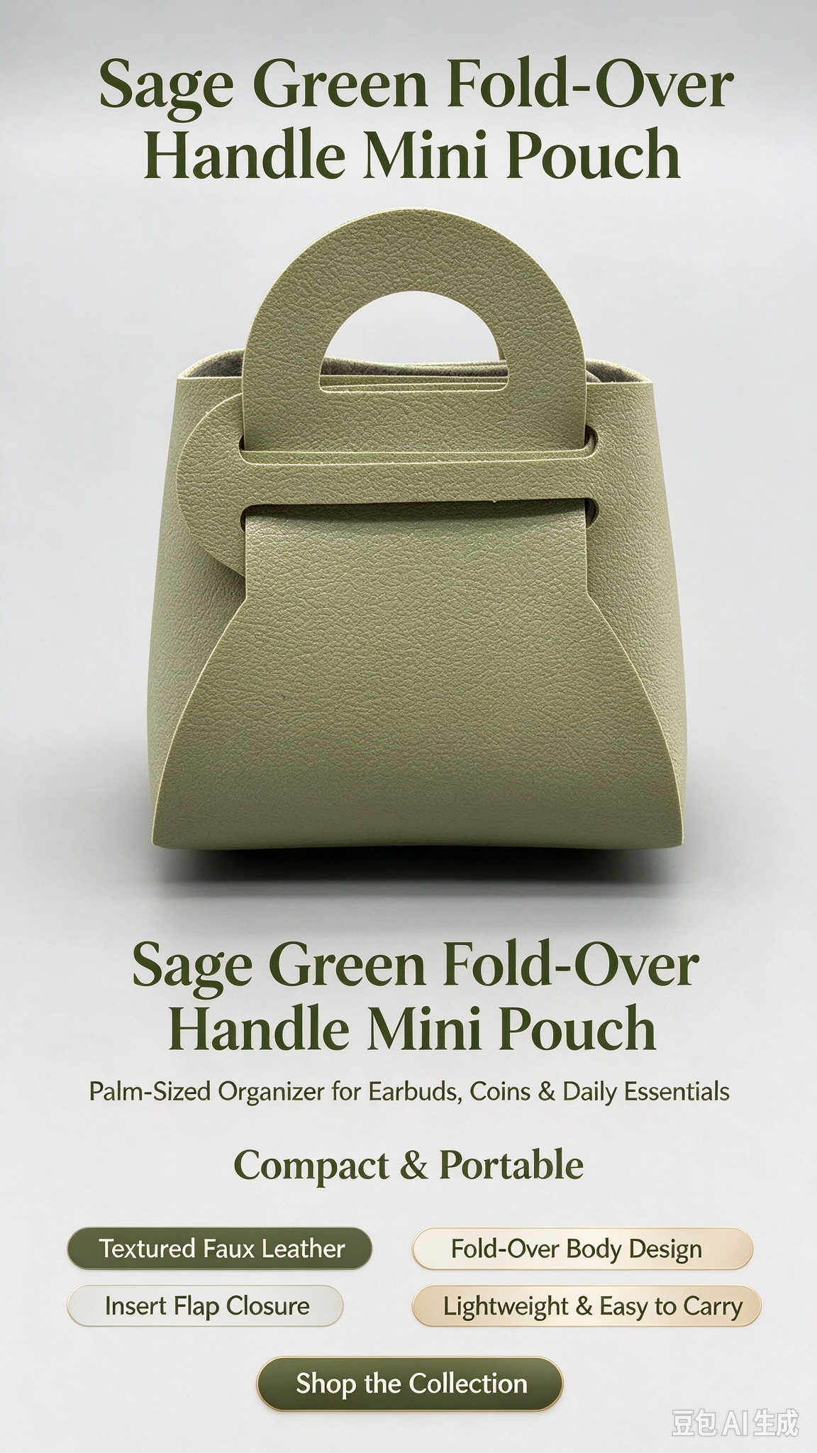 Light Green Mini Faux Leather Fold-Over Mini Pouch, Small Gift Bag for Wedding Favors, Bridal Shower, Party Candy & Guest Gifts