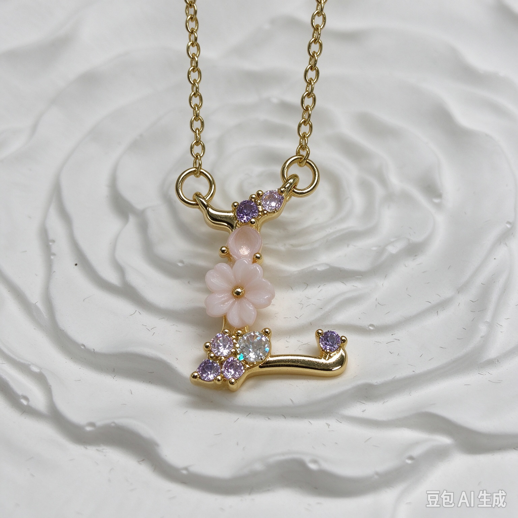 Dainty Gold Floral Letter L Initial Necklace, Pink Flower & Multicolor Crystal Pendant, Personalized Letter Jewelry