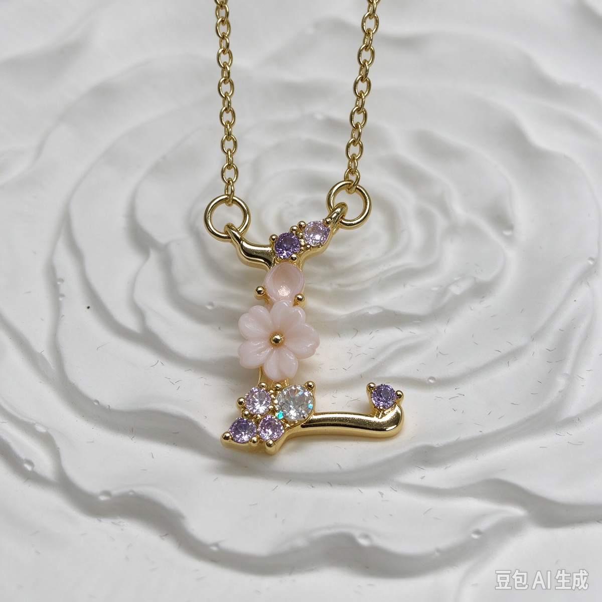 Dainty Gold Floral Letter L Initial Necklace, Pink Flower & Multicolor Crystal Pendant, Personalized Letter Jewelry