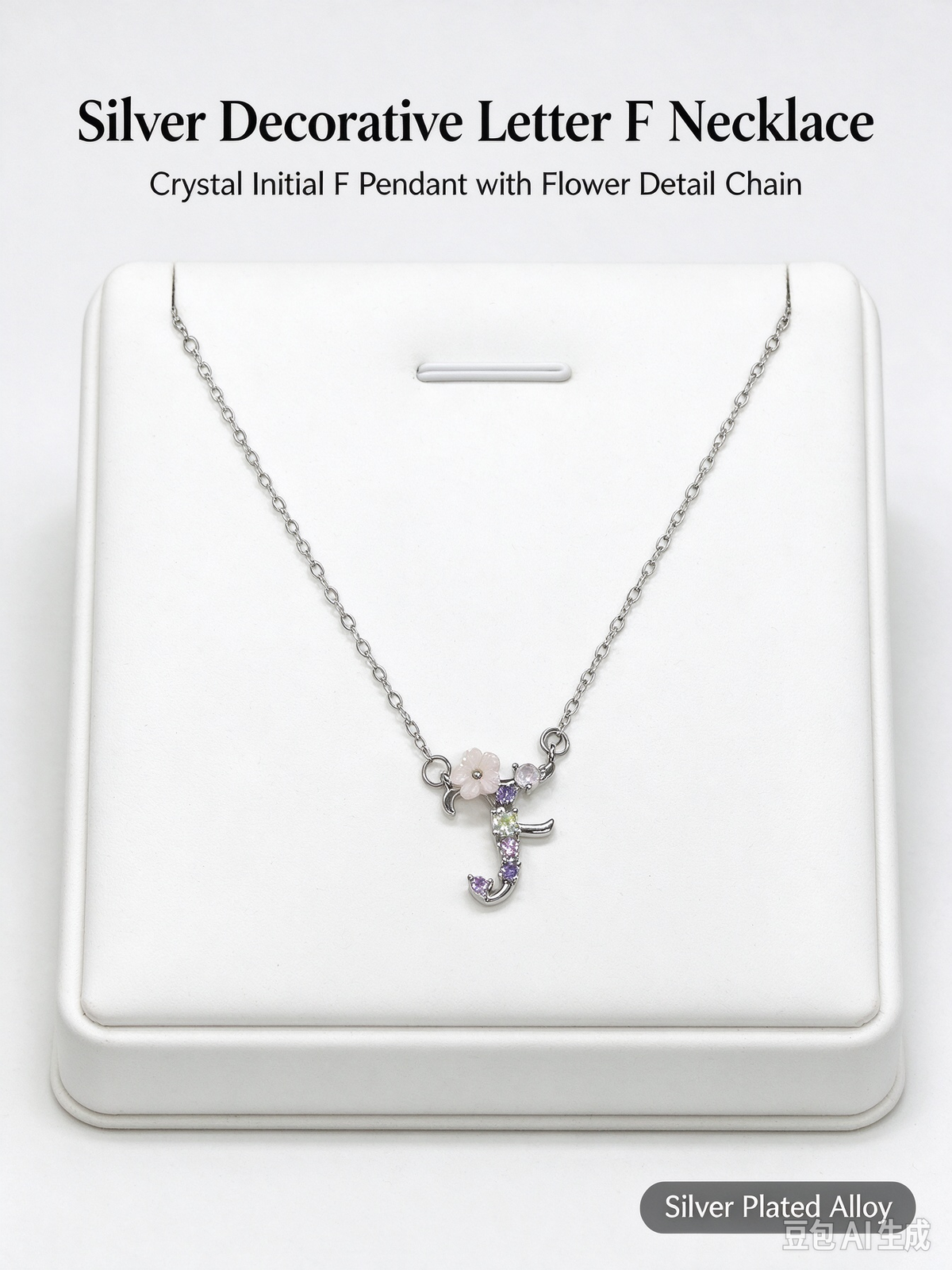Silver Floral Letter F Initial Necklace, Dainty Alphabet Pendant with Pink Flower & Purple Rhinestone, Delicate Chain Necklace for Women