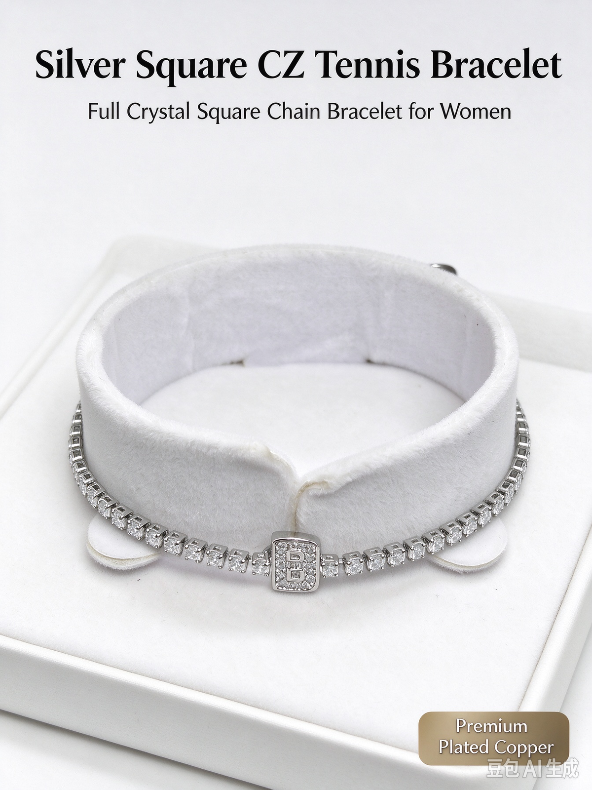 Silver Square CZ Tennis Bracelet, Full Square Crystal Chain Bracelet for Women