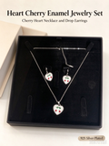 Heart Enamel Cherry Necklace & Drop Earring Set, Silver Plated Cute Fruit Jewelry Gift Box for Women & Teens
