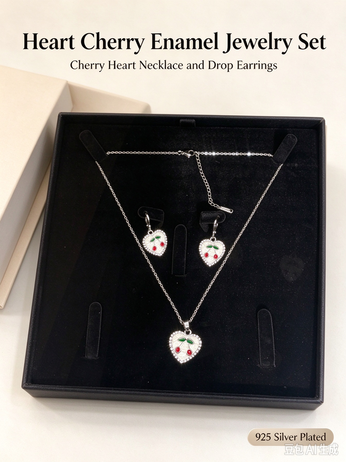 Heart Enamel Cherry Necklace & Drop Earring Set, Silver Plated Cute Fruit Jewelry Gift Box for Women & Teens