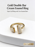 Gold Open Cuff Ring with Dual Cream Rectangular Inlay Stones, Adjustable Statement Ring for Women